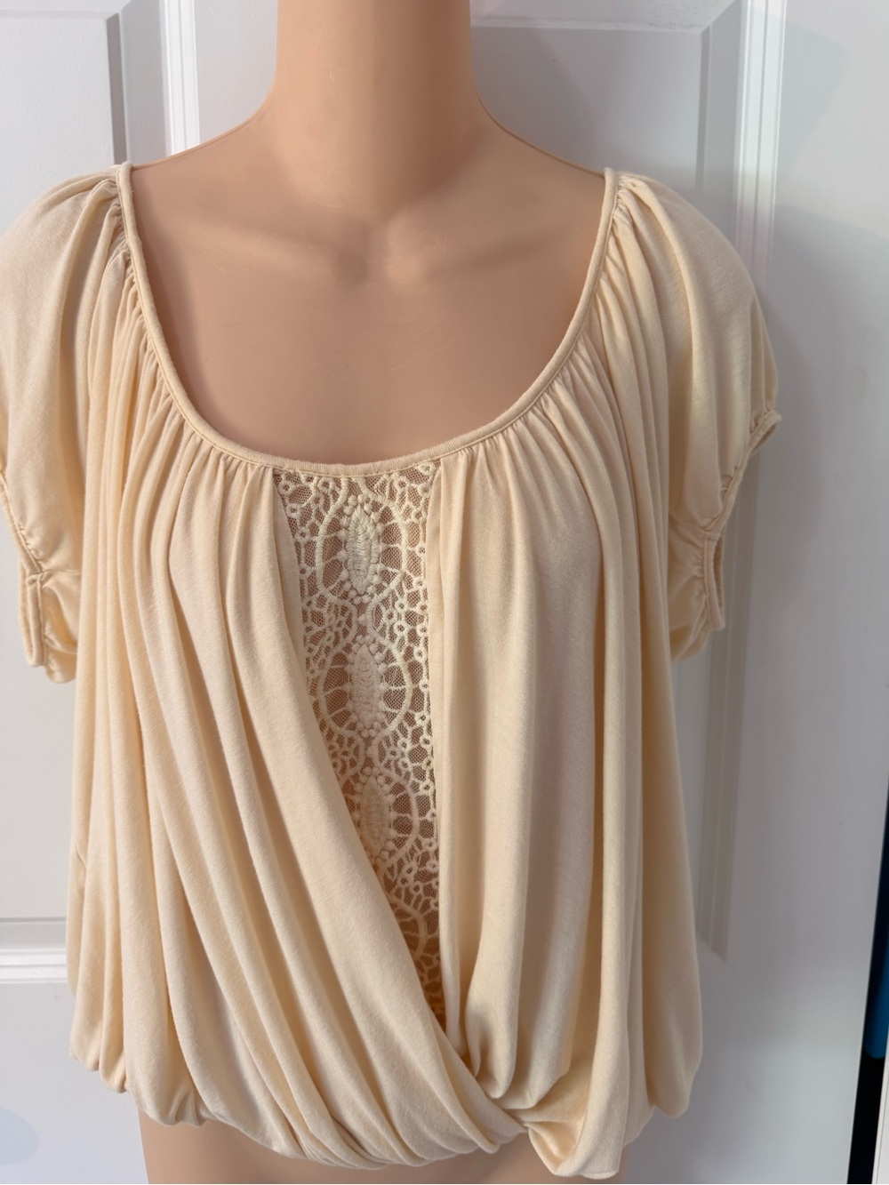 Free People Cream Lace-Front Draped Short Sleeve Top